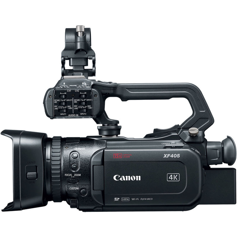 Canon XF405 4K UHD 60P Camcorder with Dual Pixel Autofocus (2212C002) W/ 64GB Memory Card, Bag, Extra Battery and Charger, Tripod, Led Light, Sony Headphones, Mic, and External Monitor