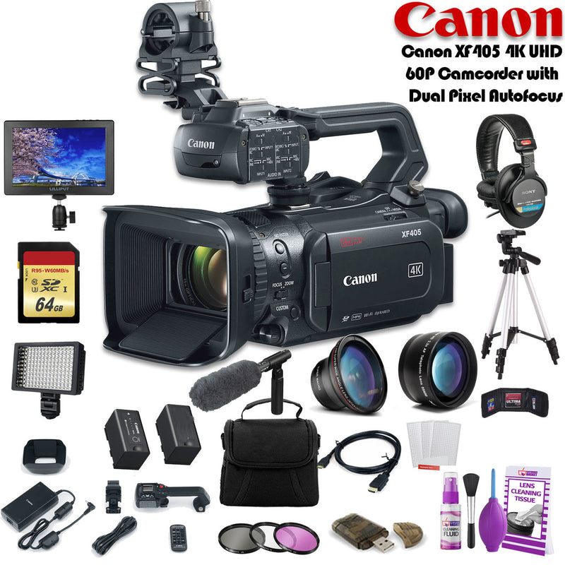 Canon XF405 4K UHD 60P Camcorder with Dual Pixel Autofocus (2212C002) W/ 64GB Memory Card, Bag, Extra Battery and Charger, Tripod, Led Light, Sony Headphones, Mic, and External Monitor